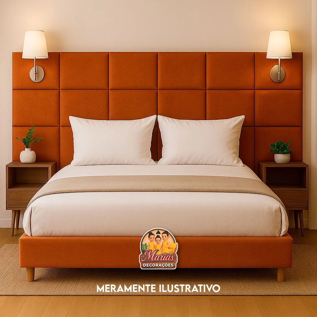 Quarto moderno com cama e cabeceira.