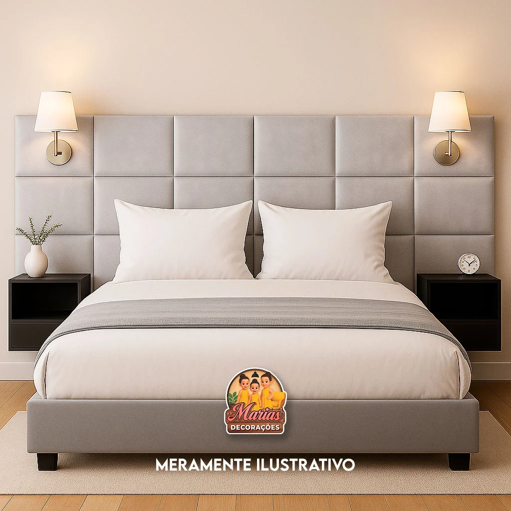 Cama com cabeceira estofada cinza.