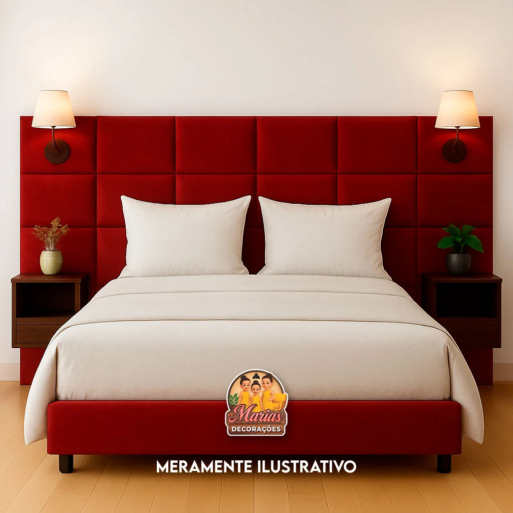 Cama com cabeceira estofada vermelha.